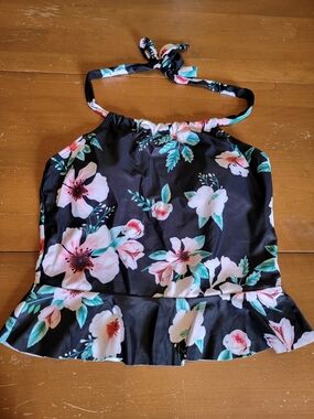 Swim Top Floral Halter Ruffle Bikini Top - Black with Pink & Green XS NWT